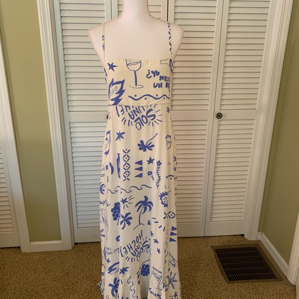 Paper Heart Blue & Ivory Maxi Dress with Spaghetti Straps and Tie Back Size L